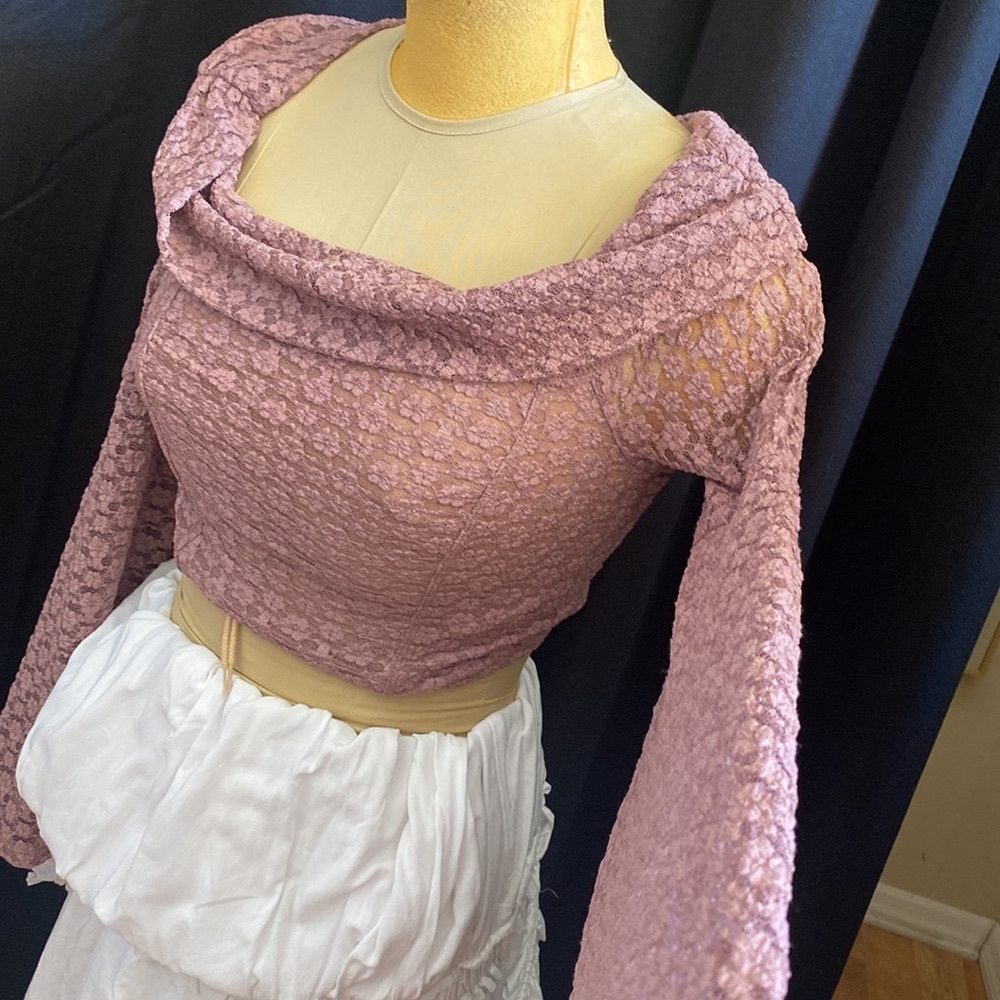 Free People Dusty Rose Lace Cropped Bell Sleeve Top
